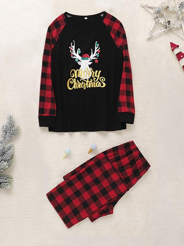 

Christmas Print Contrast Raglan Sleeve Tee With Pants, Multicolor