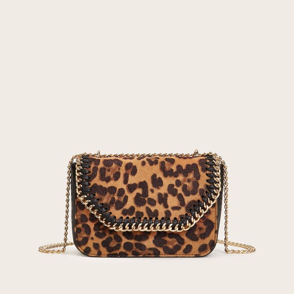 

Leopard Stitch Trim Chain Bag, Brown