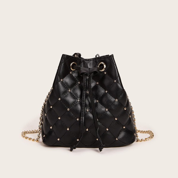 

Studded Decor Quilted Bucket Bag, Black
