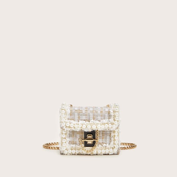 

Pearl Decor Tweed Chain Bag, White