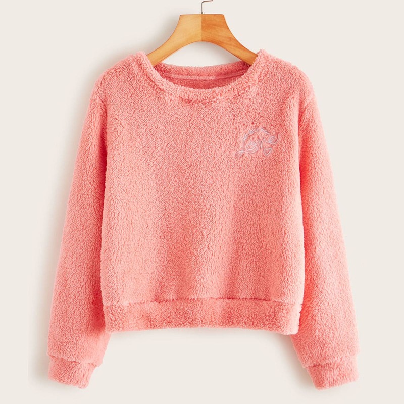 

Letter Embroidered Teddy Sweatshirt, Pink