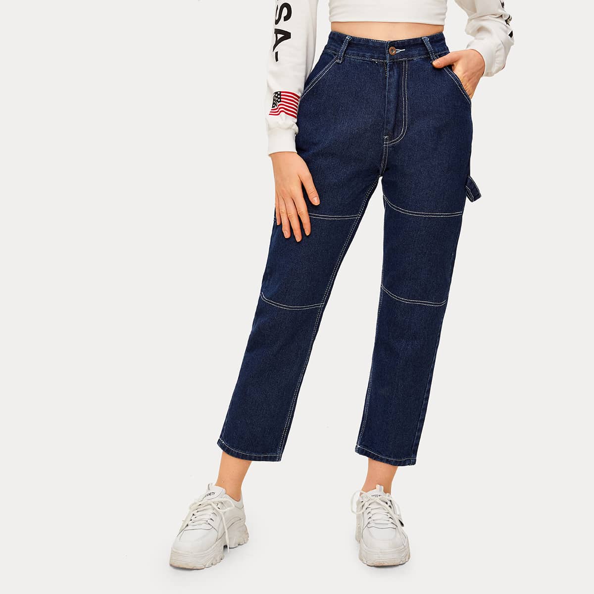 

Contrast Stitching Zipper Fly Cropped Jeans, Navy