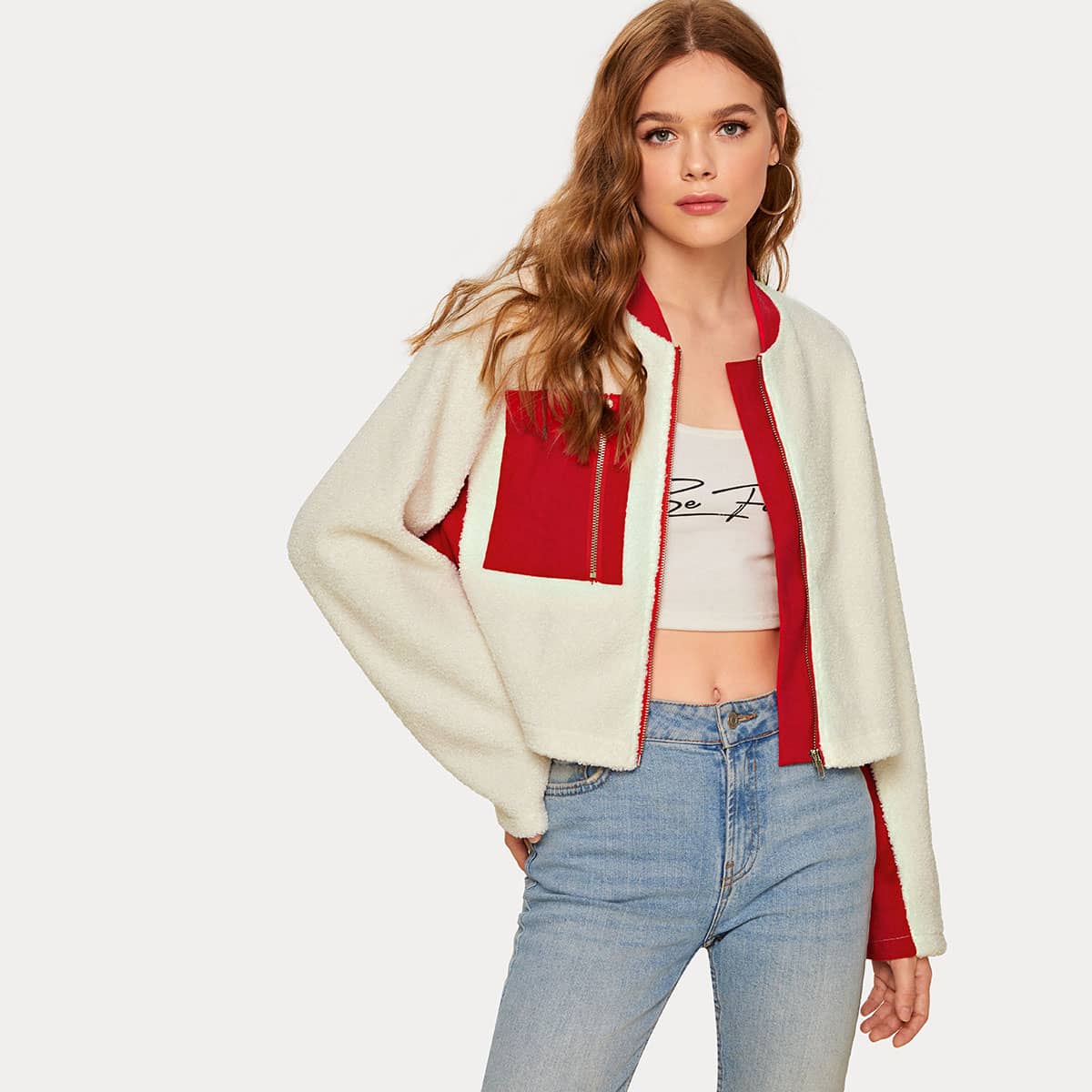 

Contrast Panel Zip Up Teddy Bomber Jacket, Multicolor
