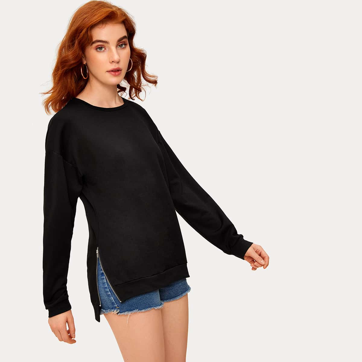 

Zipper Detail Drop Shoulder Sweatshirt, Black