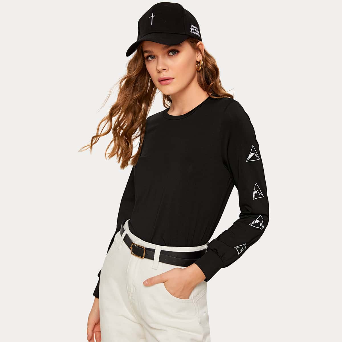 

Geo Print Round Neck Tee, Black