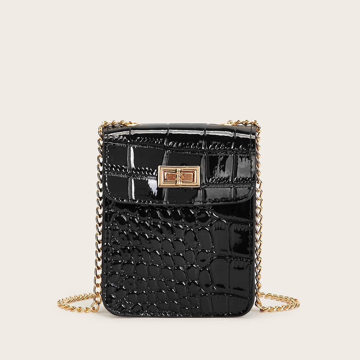 

Mini Twist Lock Croc Embossed Crossbody Bag, Black