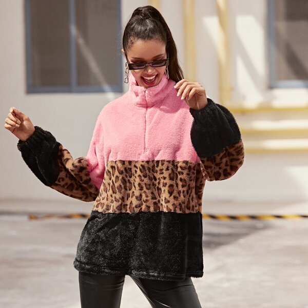 

Leopard Color Block Zip Half Placket Teddy Pullover, Multicolor