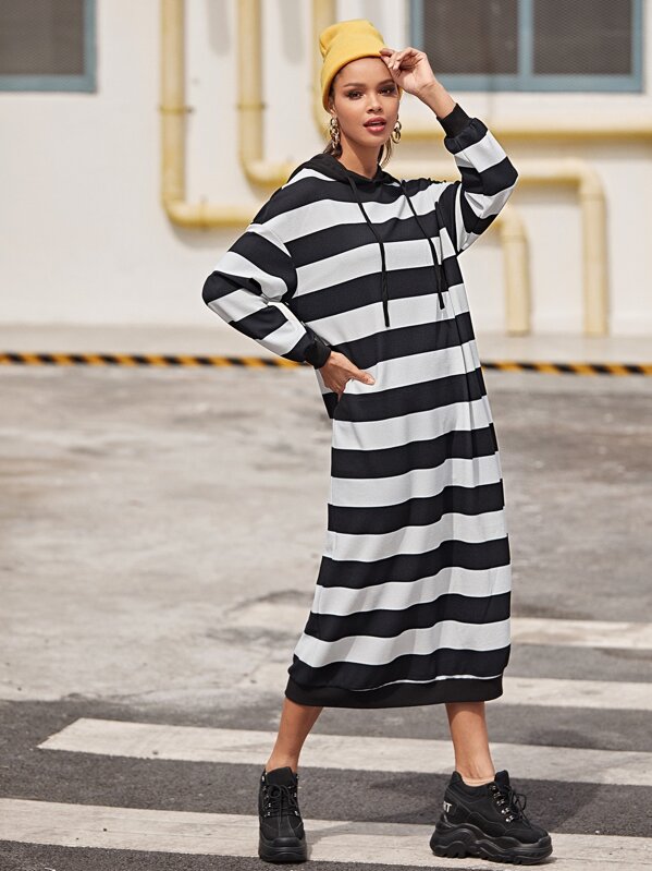 

Striped Colorblock Drawstring Hooded Sweatshirt Dress, Black and white, Gigi