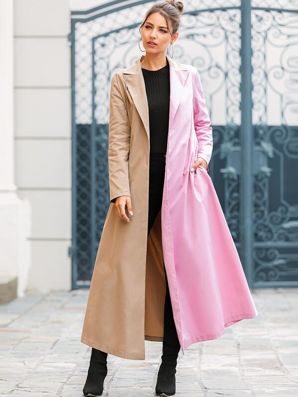 

Self Tie Two Tone Spliced Longline Coat, Multicolor, Debi