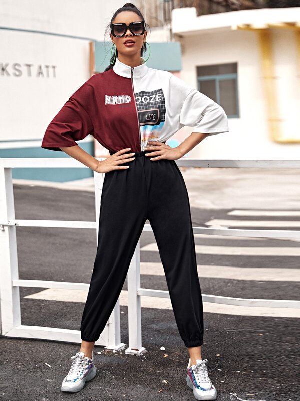 

Zip Up Colorblock Slogan Graphic Jumpsuit, Multicolor, Gigi