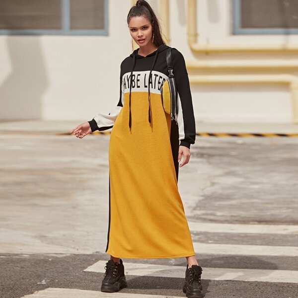 

Colorblock Slogan Graphic Drawstring Hooded Dress, Multicolor