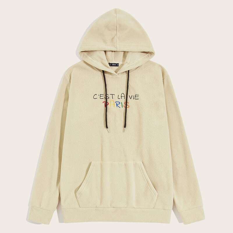

Guys Slogan Embroidery Pouch Pocket Fleece Hoodie, Khaki