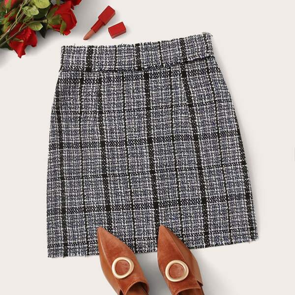 

Raw Hem Zipper Back Tweed Skirt, Grey
