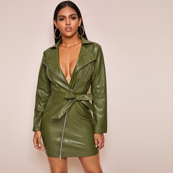 

Zip Up Belted Faux Leather Biker Dress, Army green
