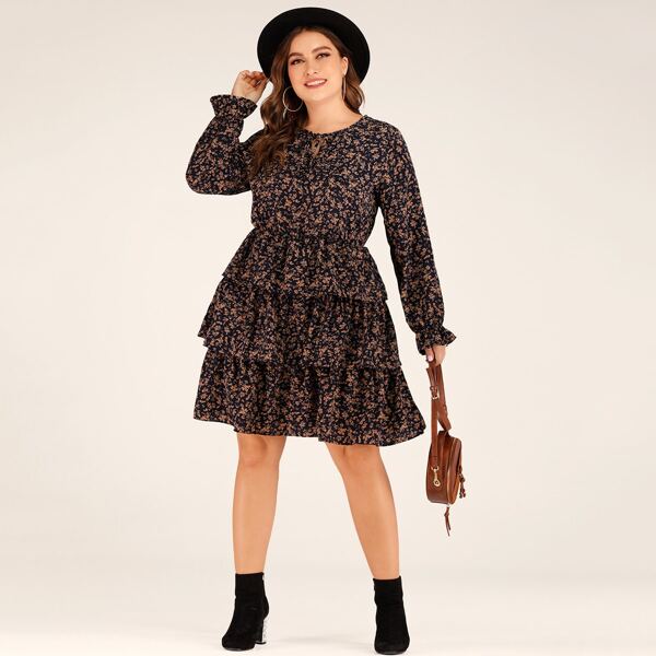 

Plus Ditsy Floral Layered Ruffle Hem Dress, Multicolor