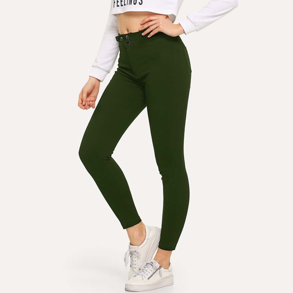

Solid Button Front Skinny Jeans, Army green