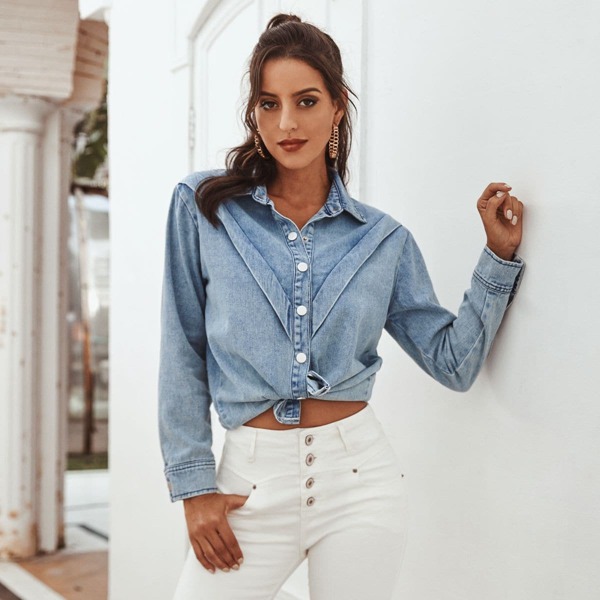 

Button Up Solid Denim Top, Blue