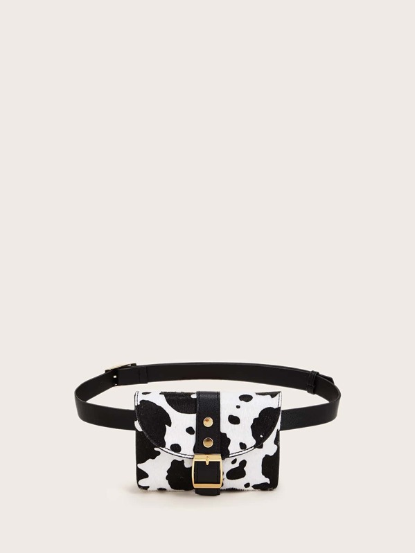 

Mini Cow Print Buckle Decor Fanny Pack, Black and white