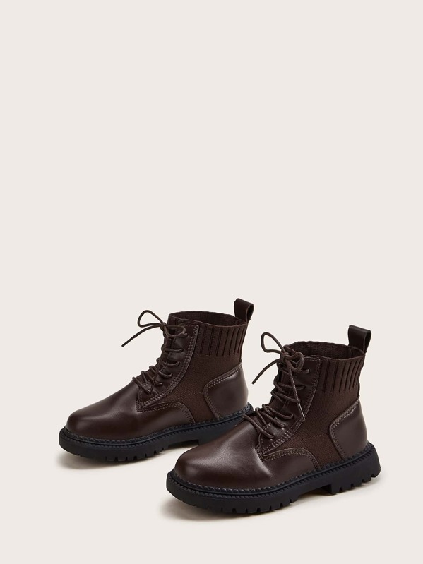 

Girls Lace-up Front Knit Panel Boots, Brown