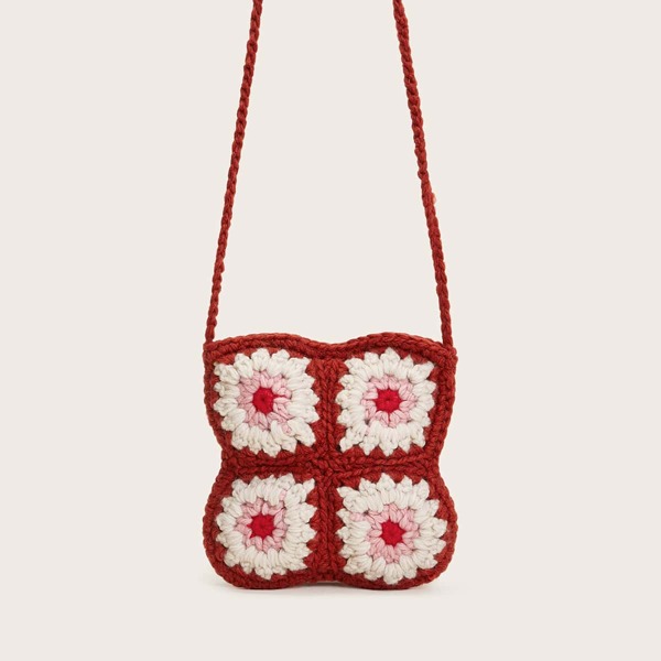 

Floral Design Crochet Crossbody Bag, Red