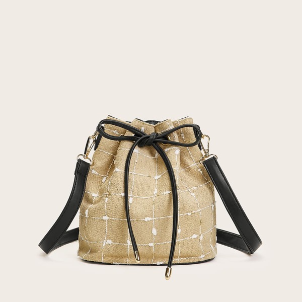 

Plaid Bucket Bag With Drawstring, Khaki