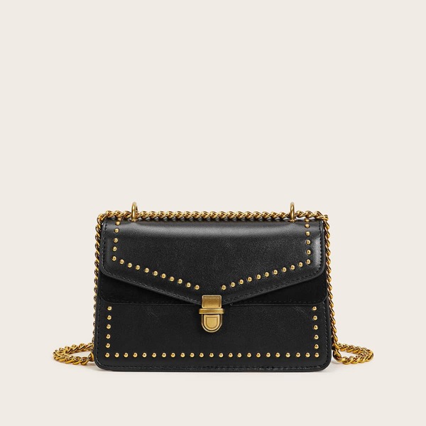 

Studded Decor Push Lock Chain Bag, Black