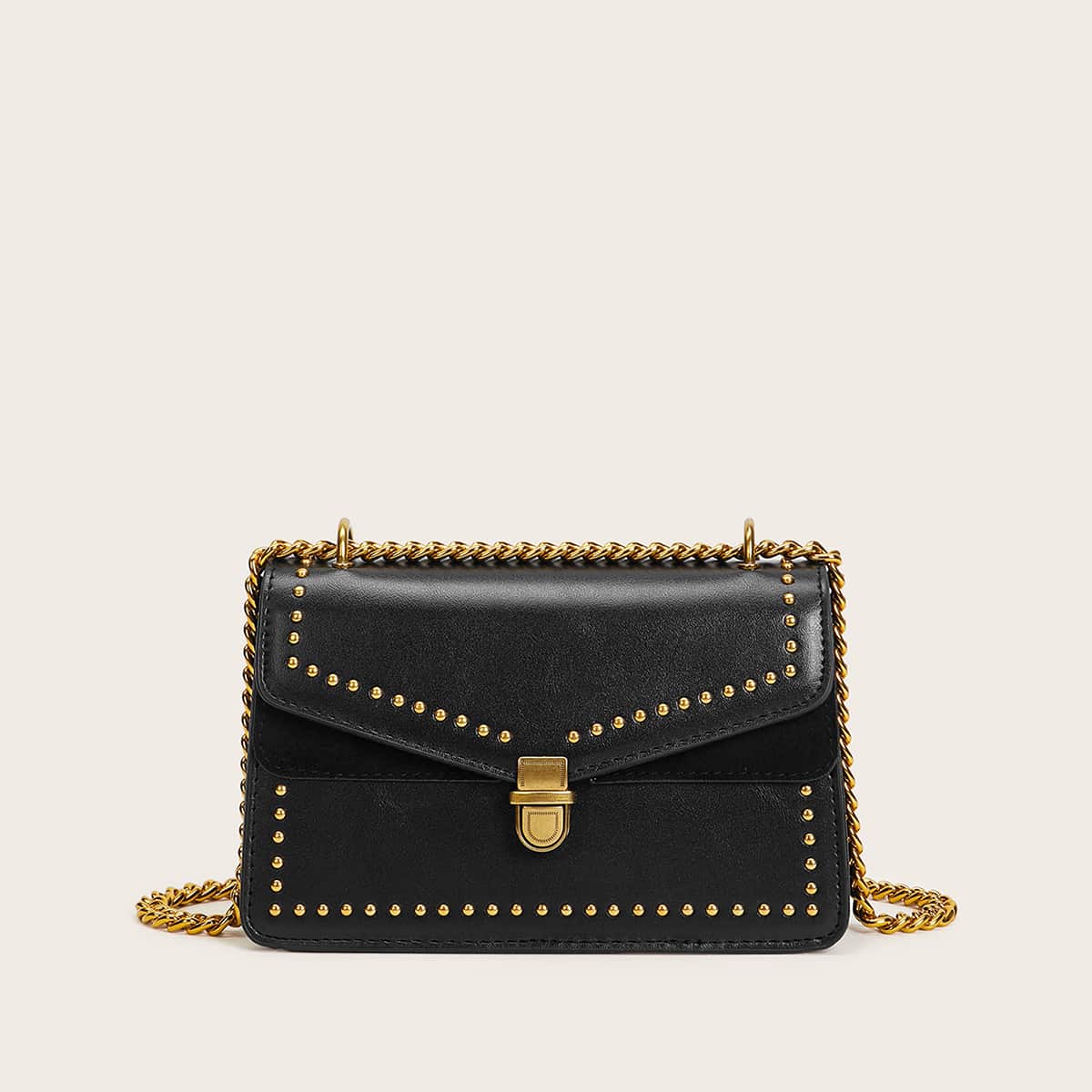 

Studded Decor Push Lock Chain Bag, Black