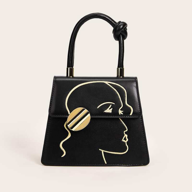 

Figure Embroidered Satchel Bag, Black