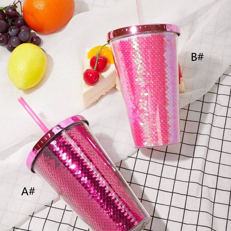 

1pc Sequin Pattern Plastic Straw Bottle, Pink