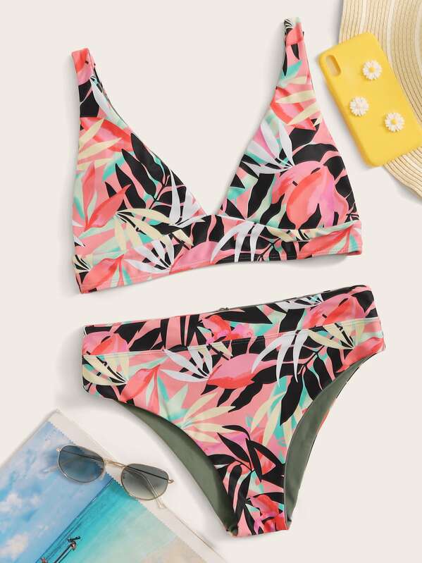 

Tropical Random Print Top With High Waist Bikini Set, Multicolor