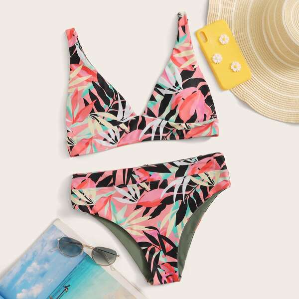 

Tropical Random Print Top With High Waist Bikini Set, Multicolor