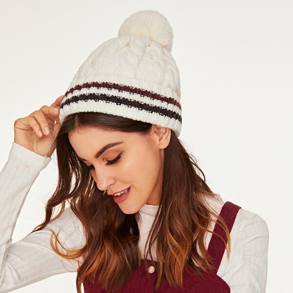

Striped Pattern Knit Beanie, White