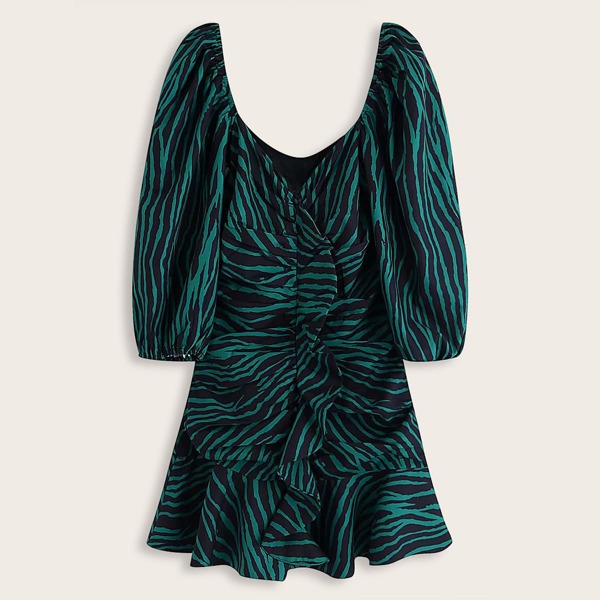 

Zebra Striped Ruffle Hem Mini Dress, Green