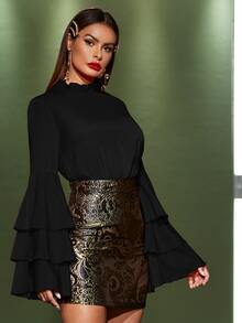 Layered Sleeve Frilled Neckline Top - Black - View 4