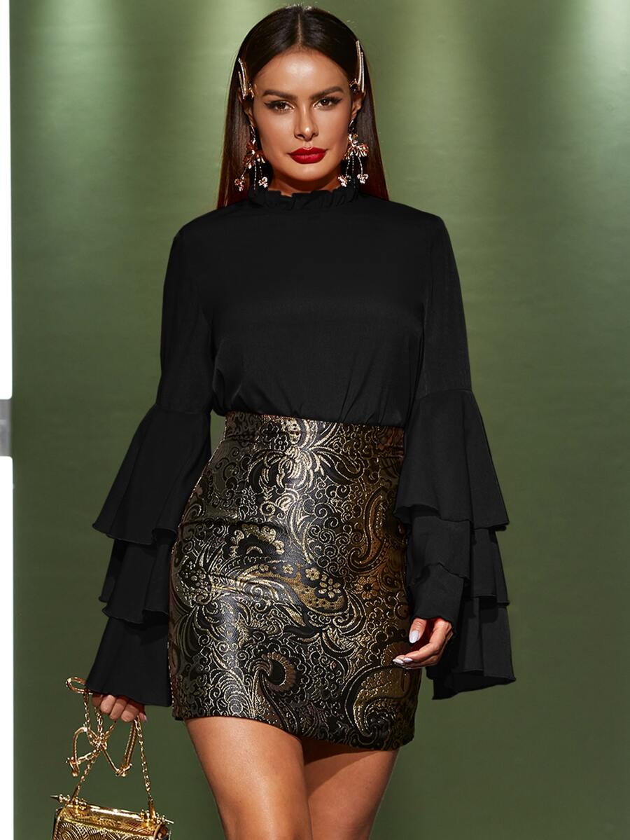Layered Sleeve Frilled Neckline Top - Black - View 1