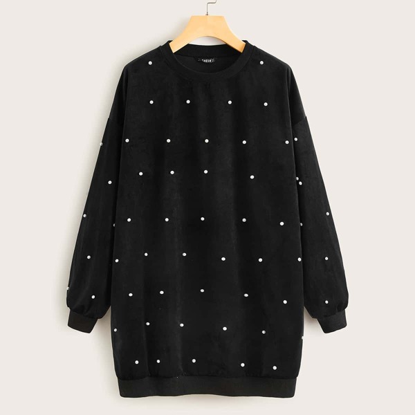 

Pearl Beaded Velvet Sweatshirt Dress, Black