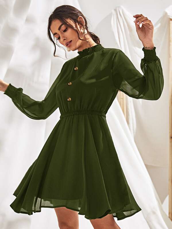 

Mock Neck Button Front Chiffon Dress, Army green, Luiza