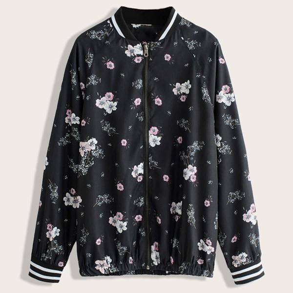 

Floral Graphic Zip Up Bomber Jacket, Black