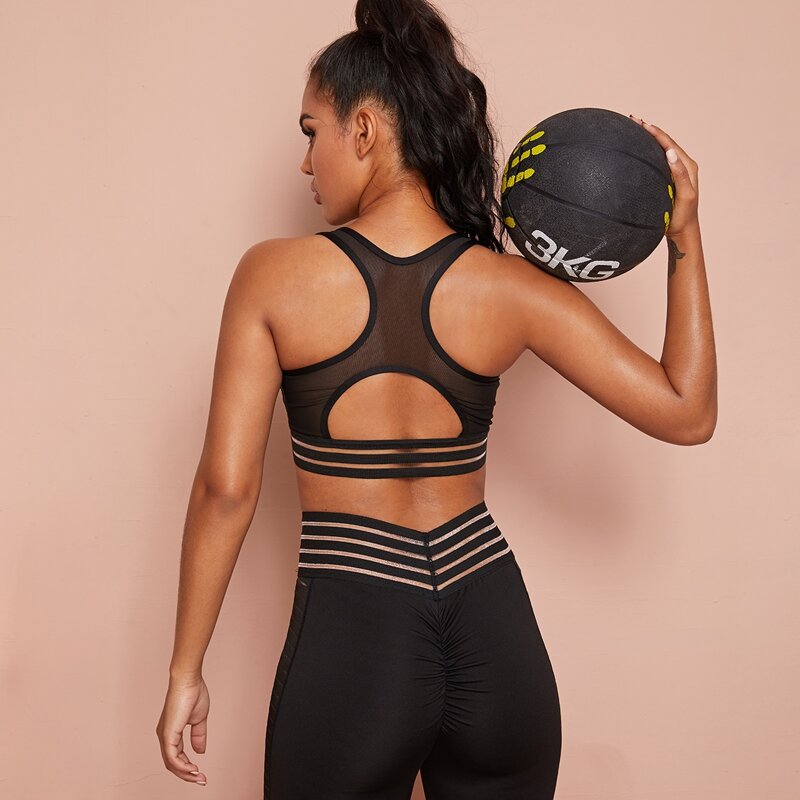 

Light Support Contrast Mesh Cut Out Back Sports Bra, Black
