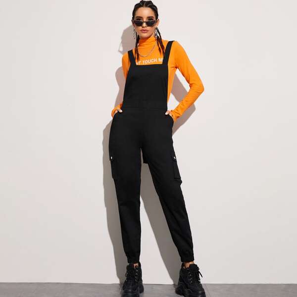 

Elastic Waist Overall With Pocket, Black