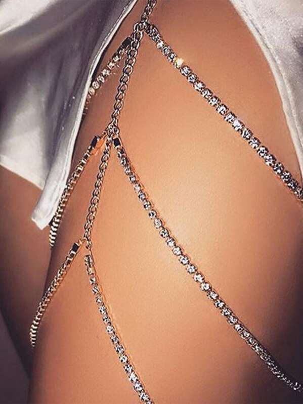 

1pc Three Layered Rhinestone Engraved Thigh Chain, Silver