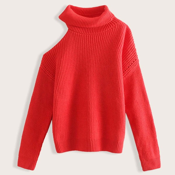 

Asymmetrical Neck Drop Shoulder Sweater, Red