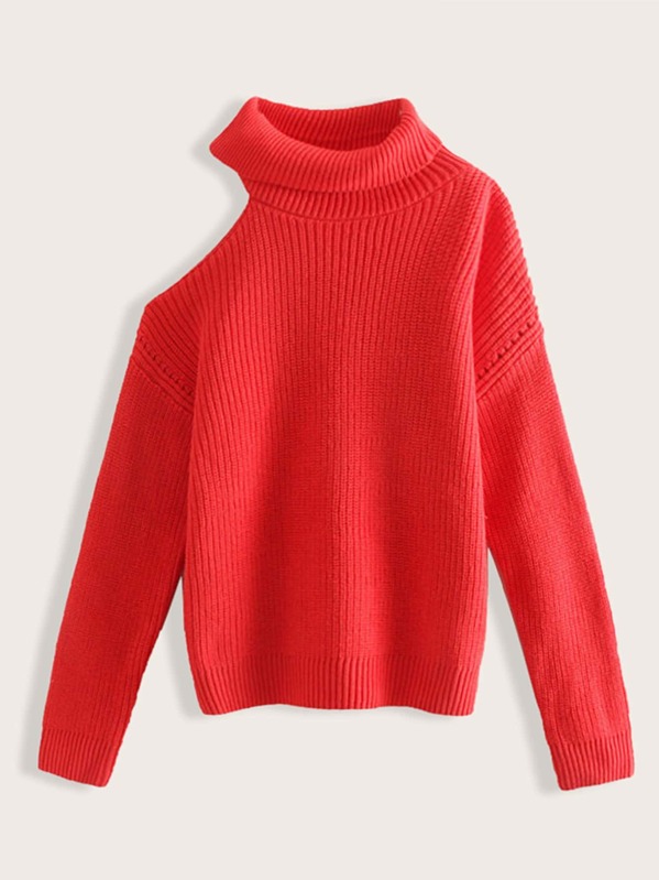 

Asymmetrical Neck Drop Shoulder Sweater, Red