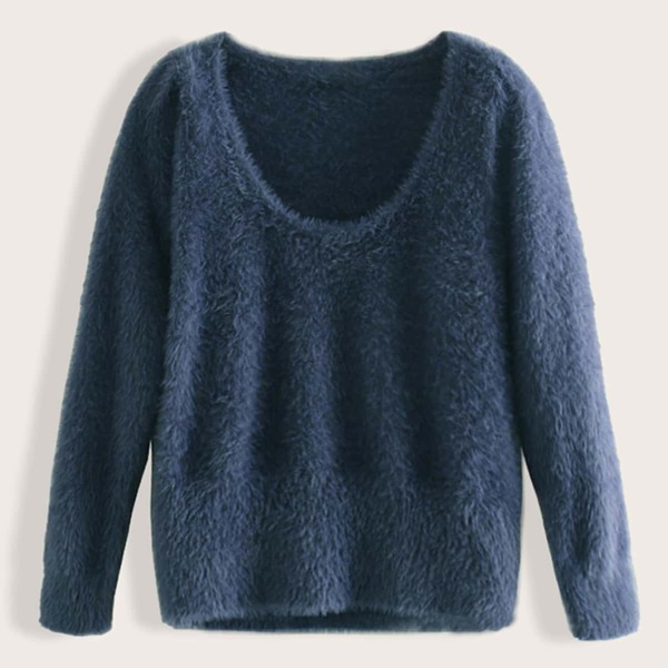 

Solid Round Neck Mohair Sweater, Navy