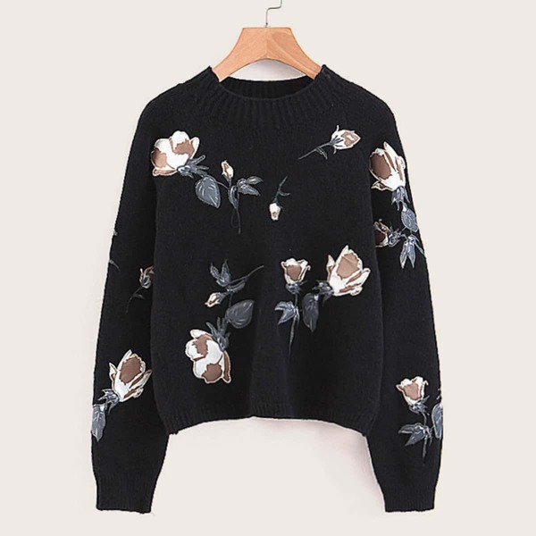 

Floral Graphic Raglan Sleeve Sweater, Black