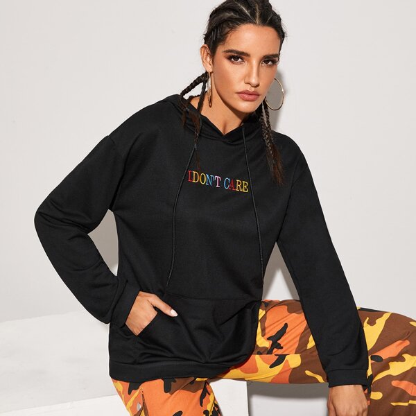 

Letter Embroidered Kangaroo Pocket Drawstring Hoodie, Black