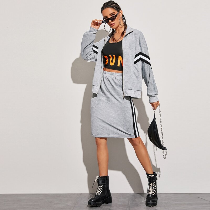 

Contrast Panel Zip Up Jacket & Fit Skirt, Grey