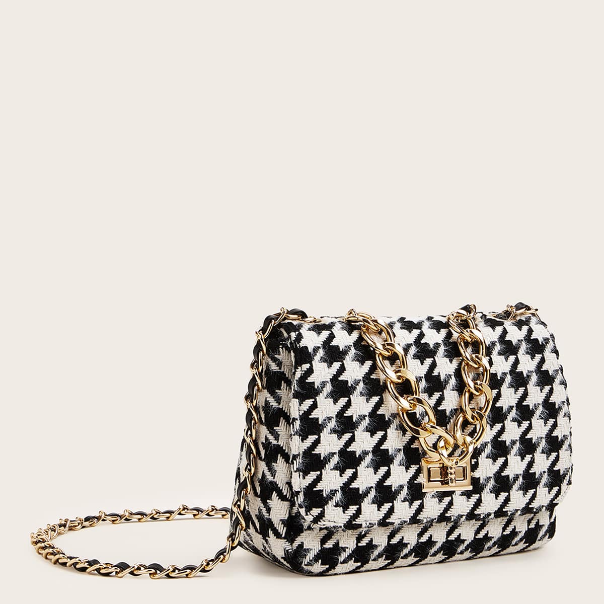 

Metal Chain Decor Houndstooth Crossbody Bag, Black and white
