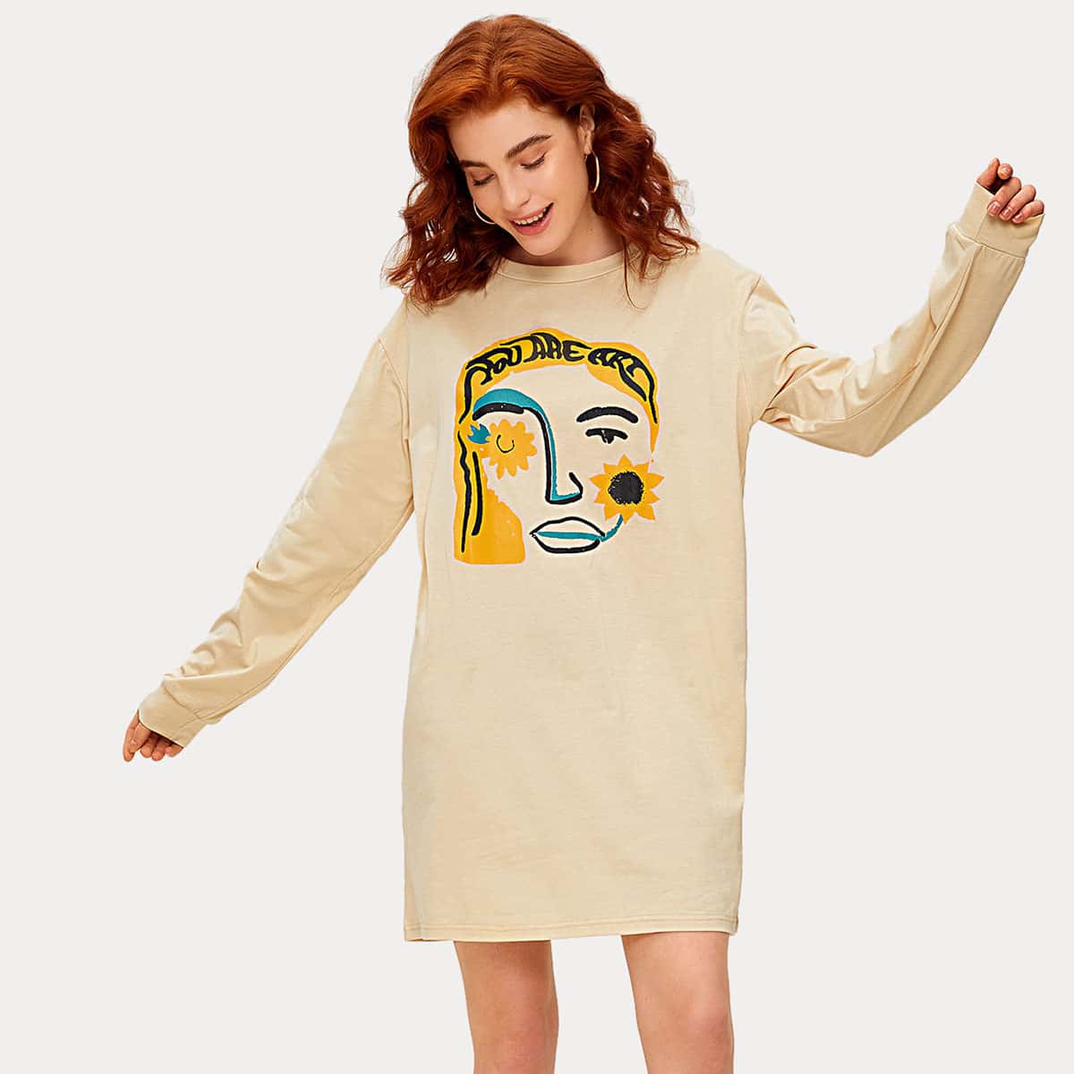 

Figure Graphic Long Sleeve Tee Dress, Beige