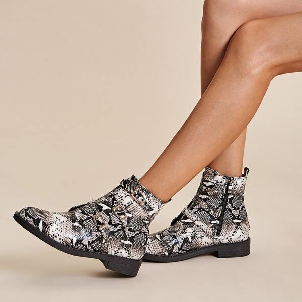 

Buckle Decor Snakeskin Biker Boots, Multicolor